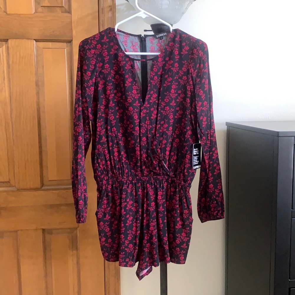 Express black and red floral romper. Long sleeve